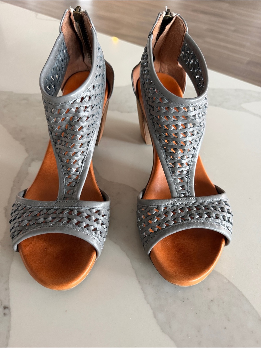 Sundance Demeter Hillside Woven Leather High Heel Sandals in Gray. EU38 US 7.5-8